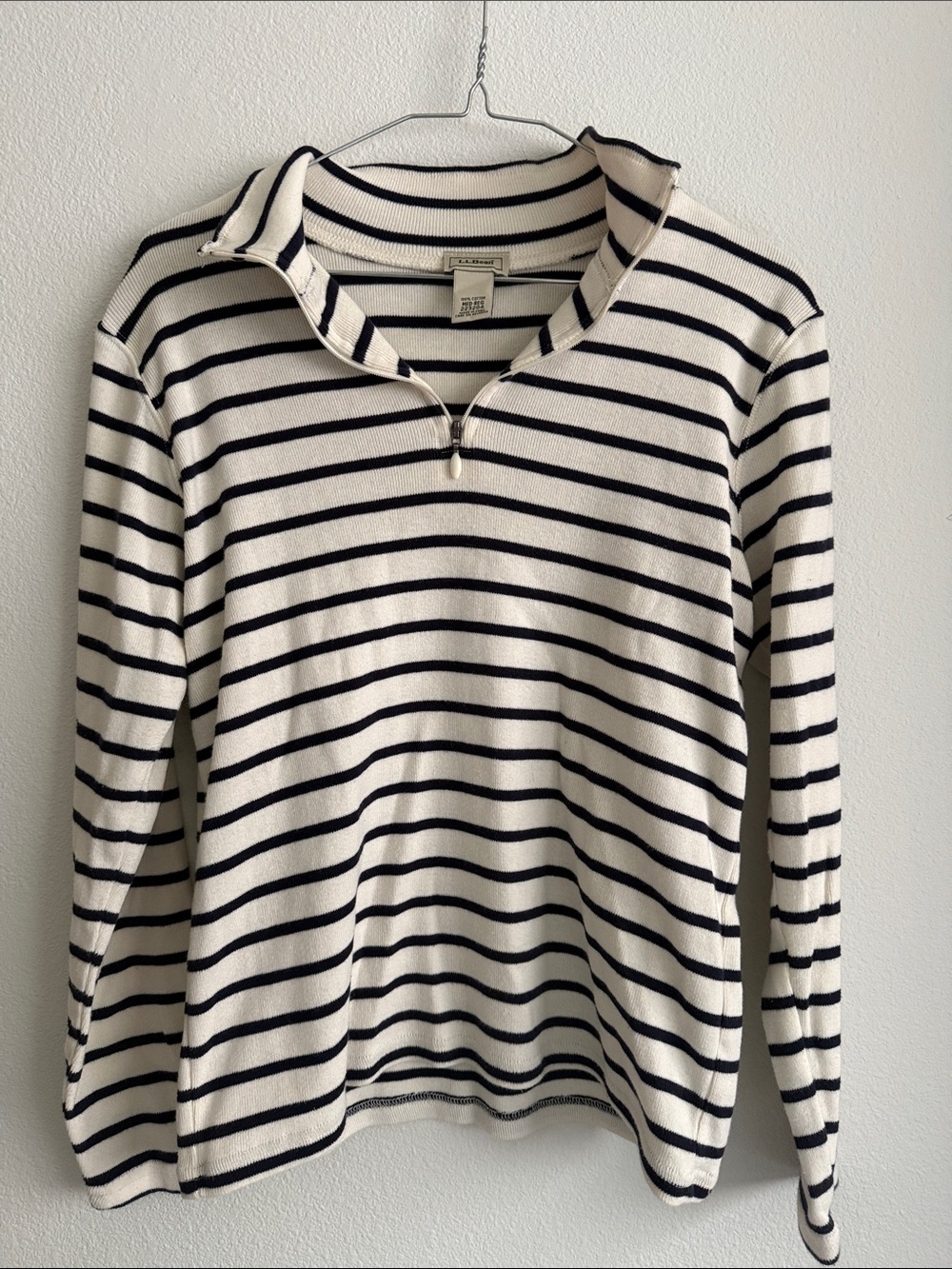 L.L. Bean Cream and Navy Striped 1/4 Zip